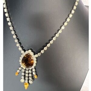 Vintage Rhinestone Bib Necklace Golden Glass Pendant Dangling Drops Statement 16